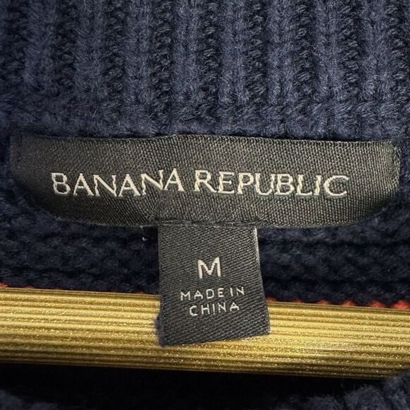 Banana Republic Size M Navy Striped Crewneck Ruffle Chunky Knit Sweater Preppy - Picture 4 of 5